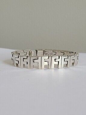Vintage TAXCO Boho Sterling Silver Greek Key Chunky Chain Link Bracelet